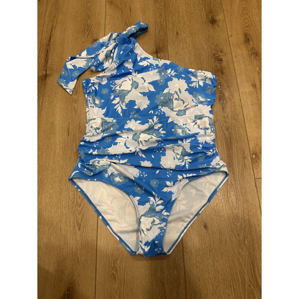 Women's Grace Karin One Piece Swimsuit One Shoulder w/ Bow Blue/White XL EUC!